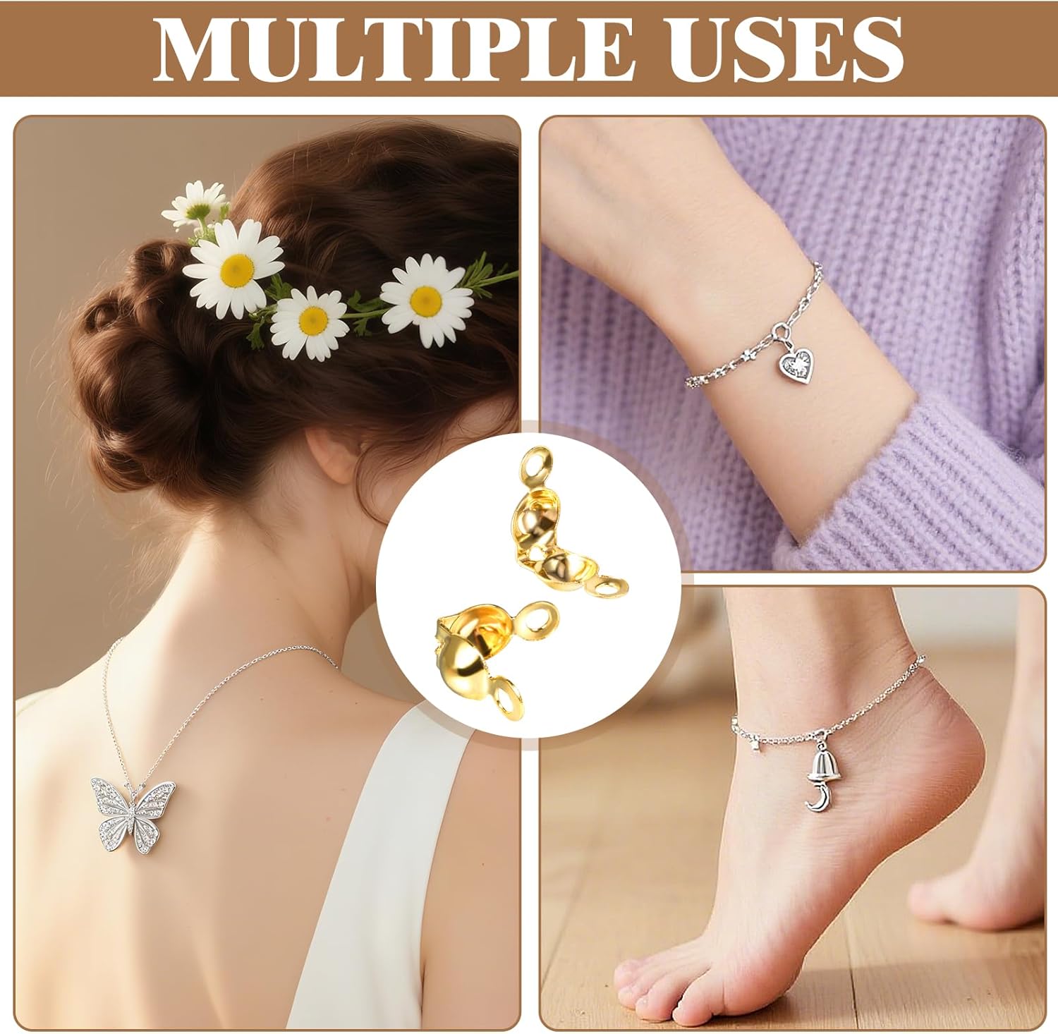 600 Pcs Silver Crimp Cover for Jewelry Making Jewelry Crimp Beads Crimping Beads End Caps Knot Covers Clamshell Fold-Over Bead Cover for DIY Bracelets Necklaces Women Gifts 0.31×0.15 Inch - Image 4