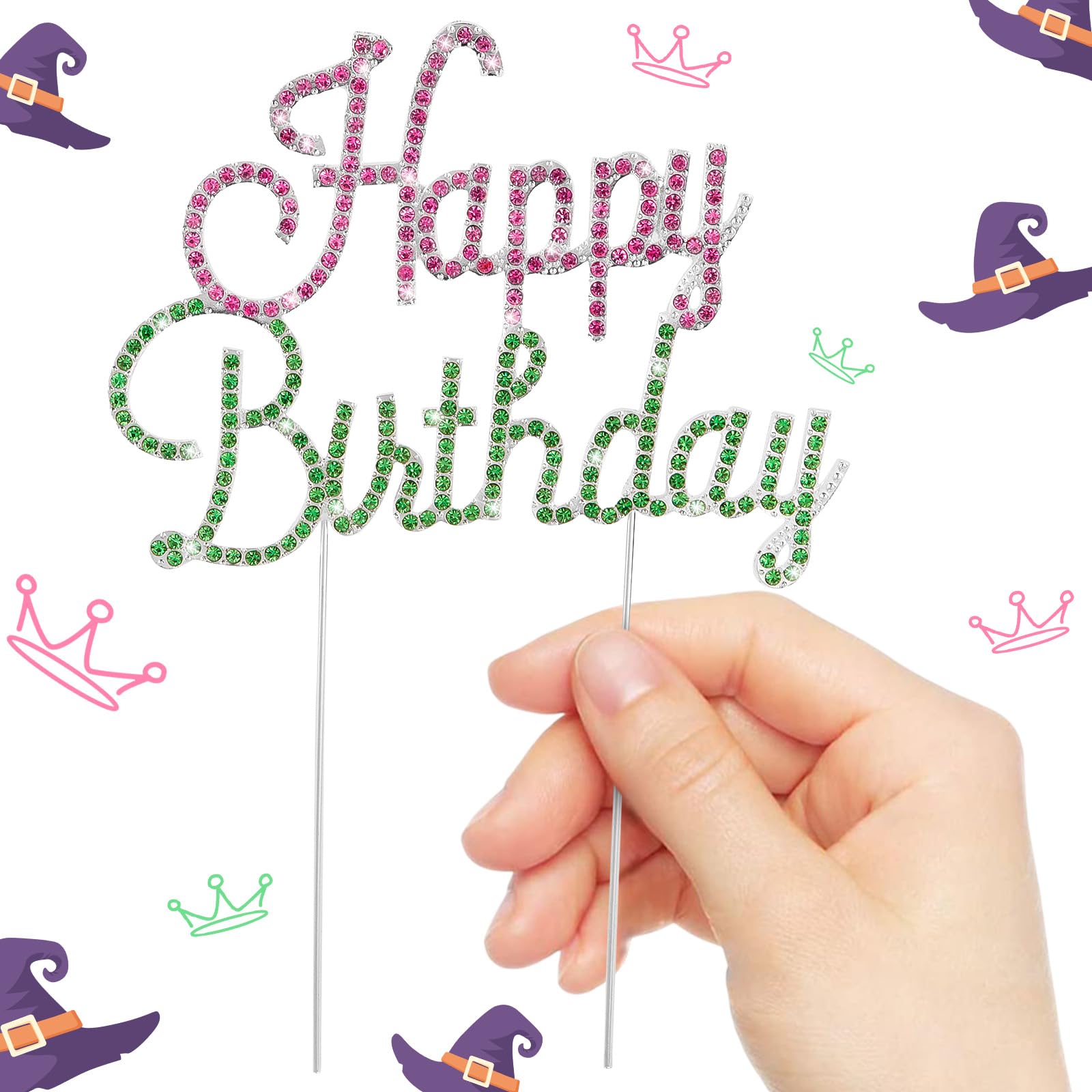 BAHABY Happy Birthday Cake Topper Pink & Green Rhinestones Wicked Themed Cake Topper for Birthday Party Decorations