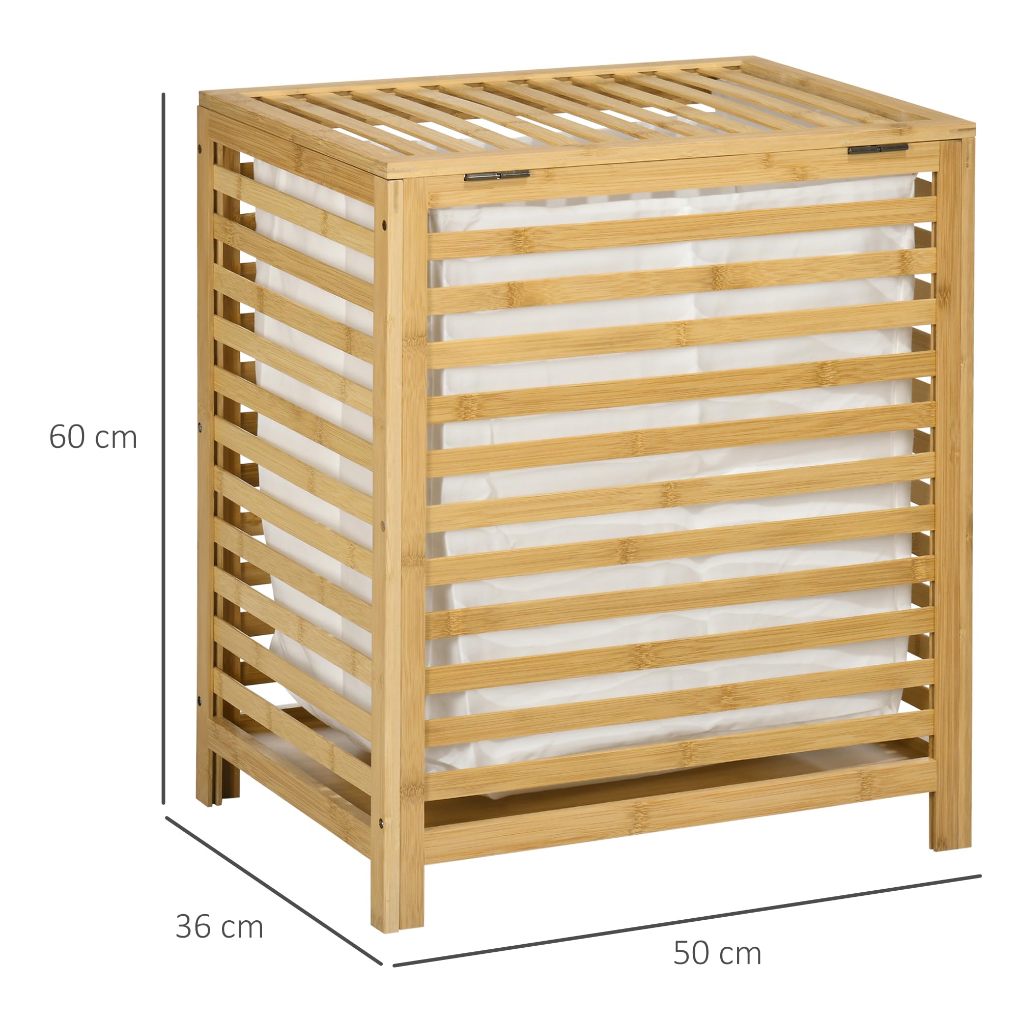 HOMCOM Cesto Portabiancheria a Doghe Coperchio 50x36x60 cm Color Legno | Cesto per Biancheria Sporca, Bambù e Poliestere, Sacca Rimovibile, Bagno e Camera da Letto