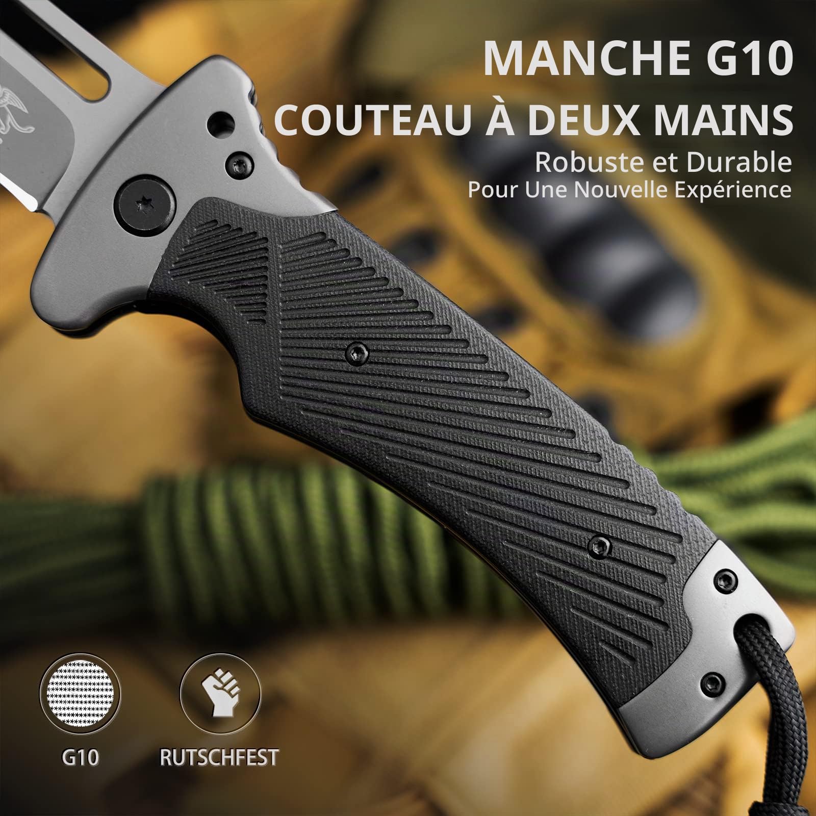 LOTHAR RHINO Couteaux pliants, Couteaux de poche Tranchants Outdoor, Couteaux Outdoor Avec Manche G10, Couteaux de Survie, Couteaux de Camping XINIU