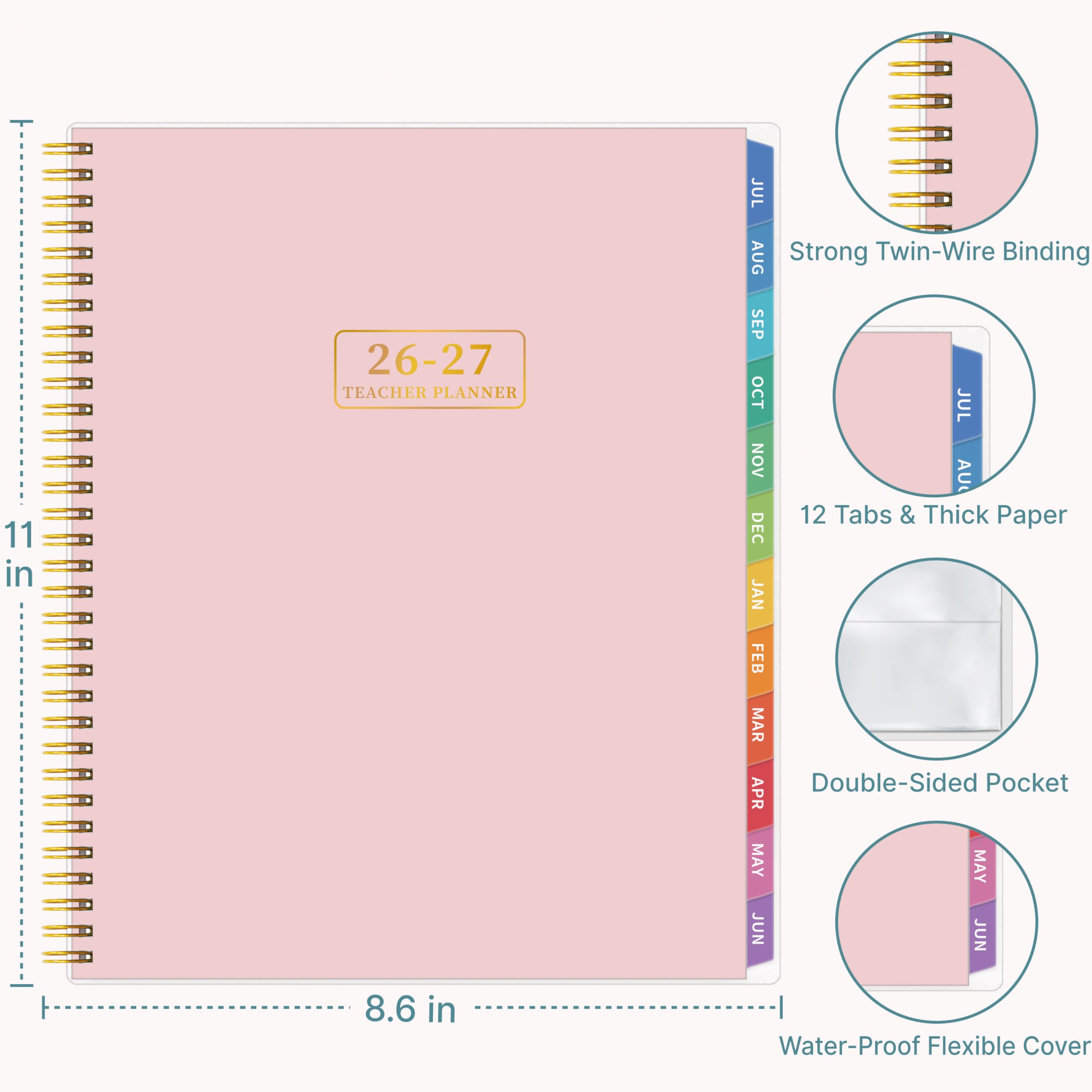 Lehrerplaner 2026–2027, Lehrerplaner für das akademische Jahr, Juli 2026–Juni 2027, Unterrichtsplaner 2026–2027, Homeschool Planbuch, 21,6 x 27,9 cm mit Registerkarten & Tasche, flexibler Einband