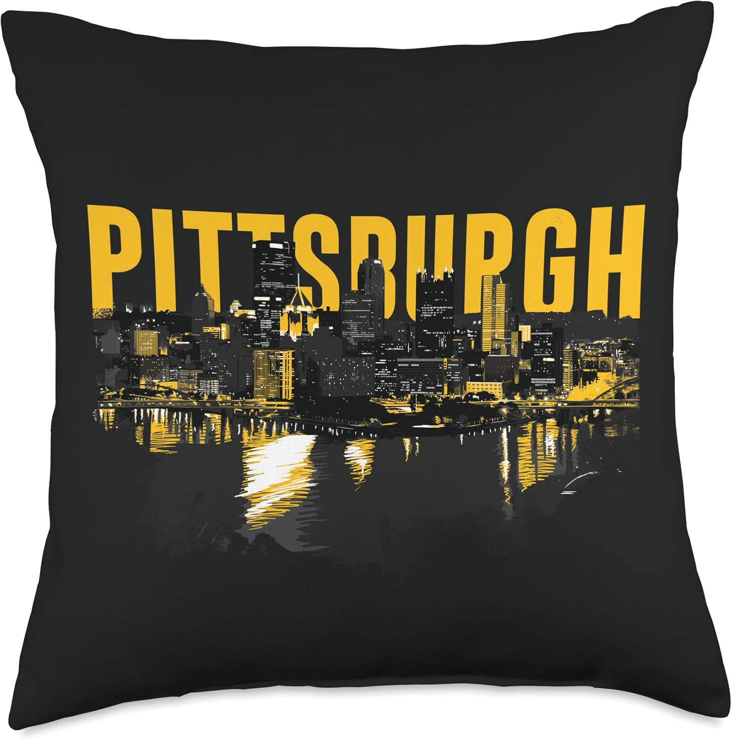 Pittsburgh Downtown Skyline in Black and Yellow Throw Pillow