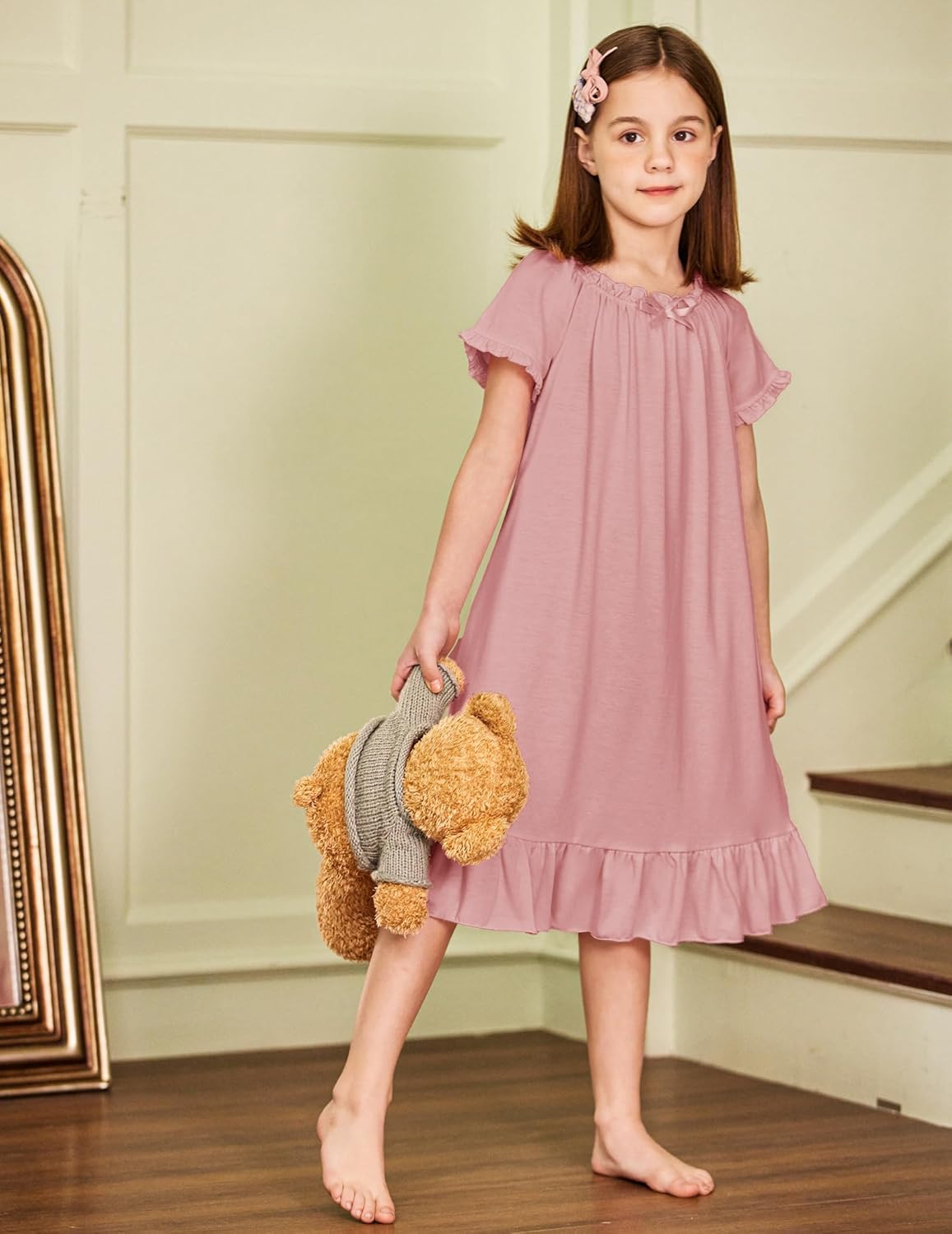 Arshiner Girls Nightgowns Sleepwear Short Sleeve Victorian Pajama Dress Soft Princess Sleepshirt for 3-12 Years Kids - Image 8