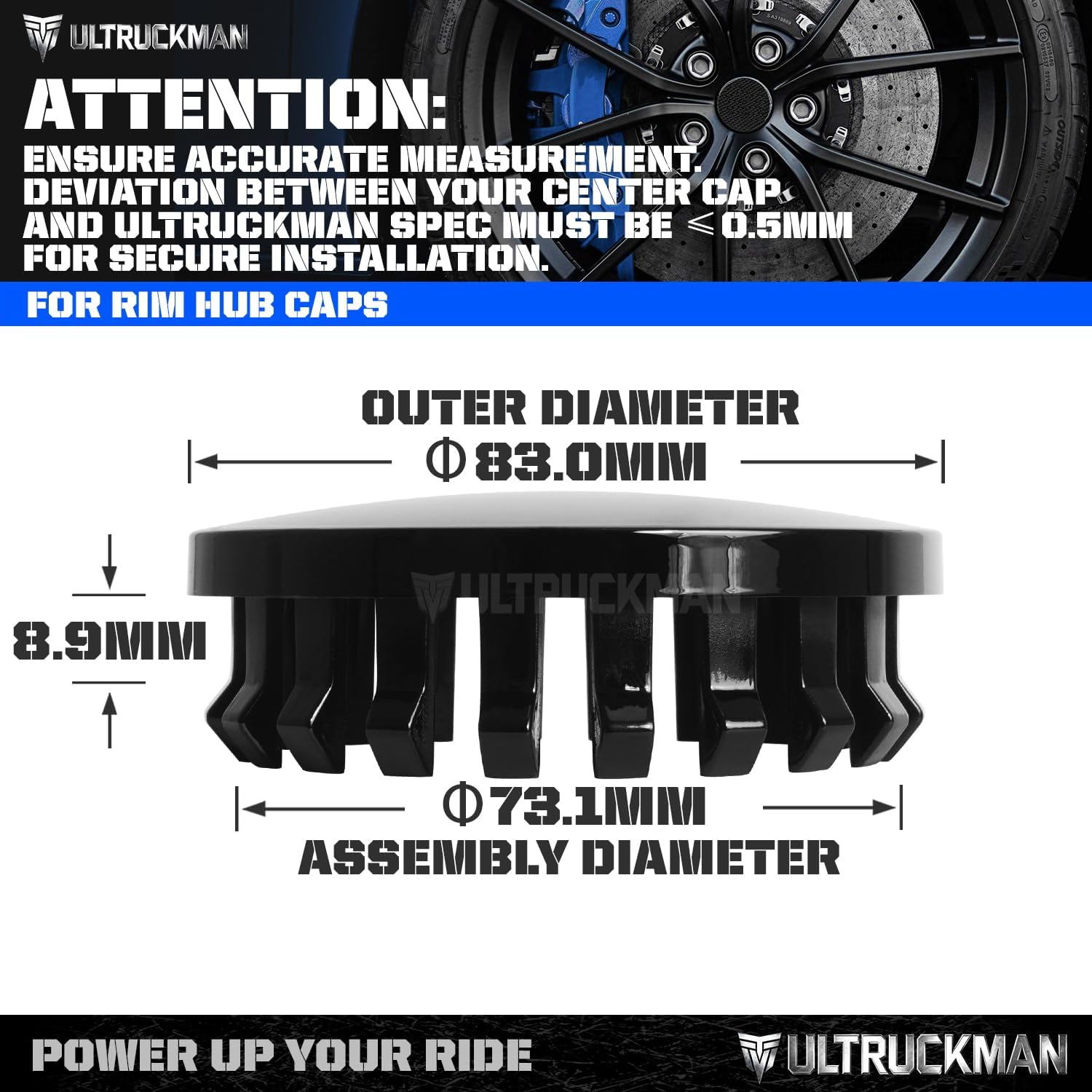 3.25Inch 83MM Wheel Center Caps, Pack of 4 (Gloss Black, Outer 83MM, Inner 73MM)