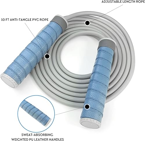 Miniatura 2 de Cuerda de saltar con peso de 1 libra para fitness, asas de piel sintética ajustables que absorben el sudor y cuerda de PVC para mujeres y hombres,