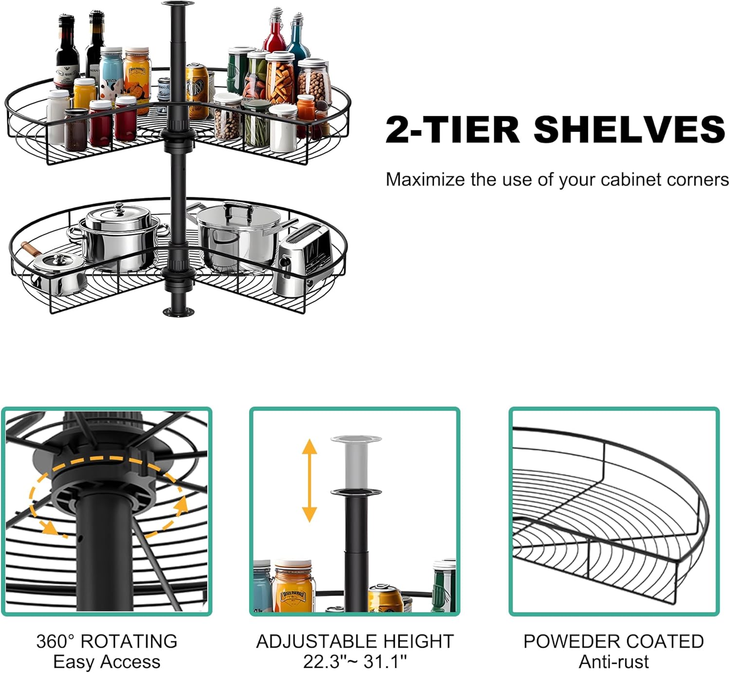 Lazy Susan Organizer for Cabinet, GWANLUKEJ 24'' Corner Cabinet Lazy Susan Organizers with Kidney Cut 2 Sheves Swivel Turntable, Height Adjustable for Base Kitchen Corner Storage, Metal Black