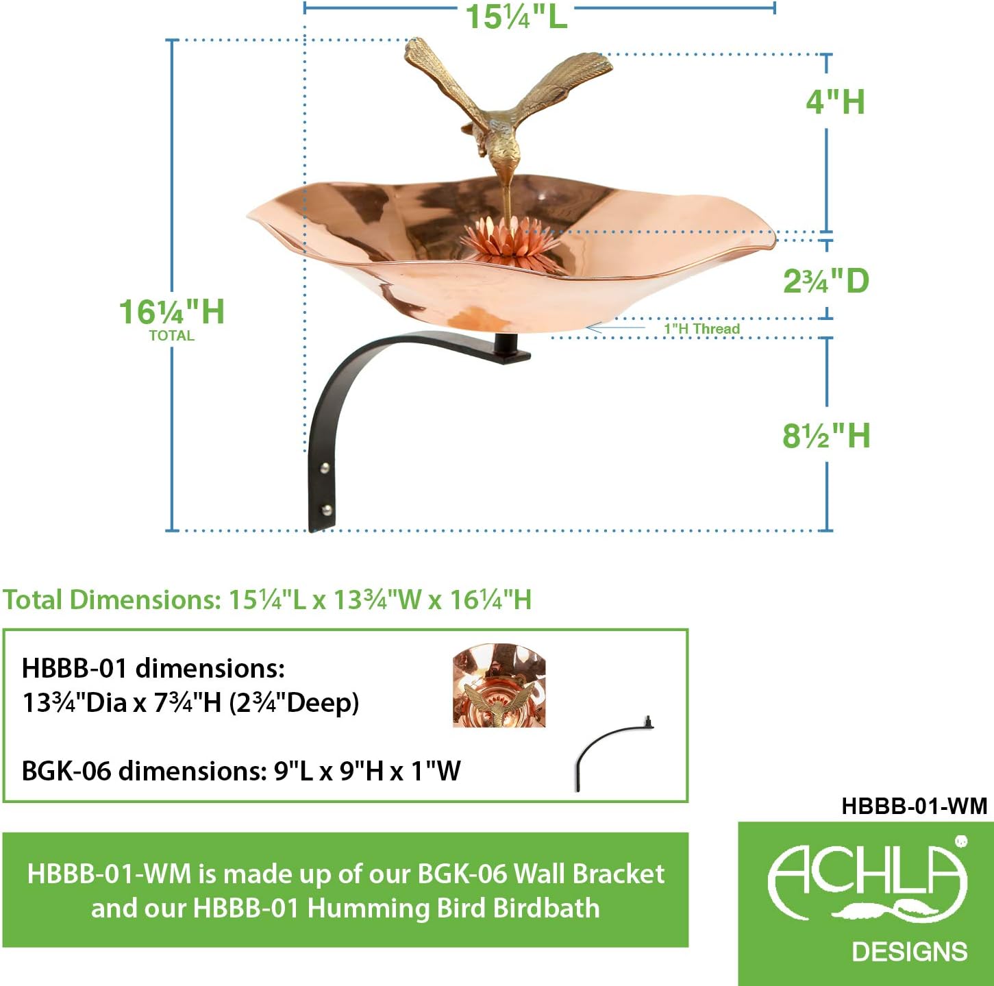 Achla Designs HBBB-01-WM Hummingbird Mount Birdbath with Wall Bracket, Copper, Black
