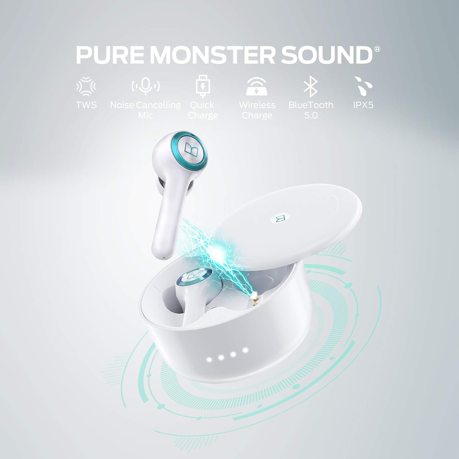 Monster Wireless Earbuds charging wirelessly