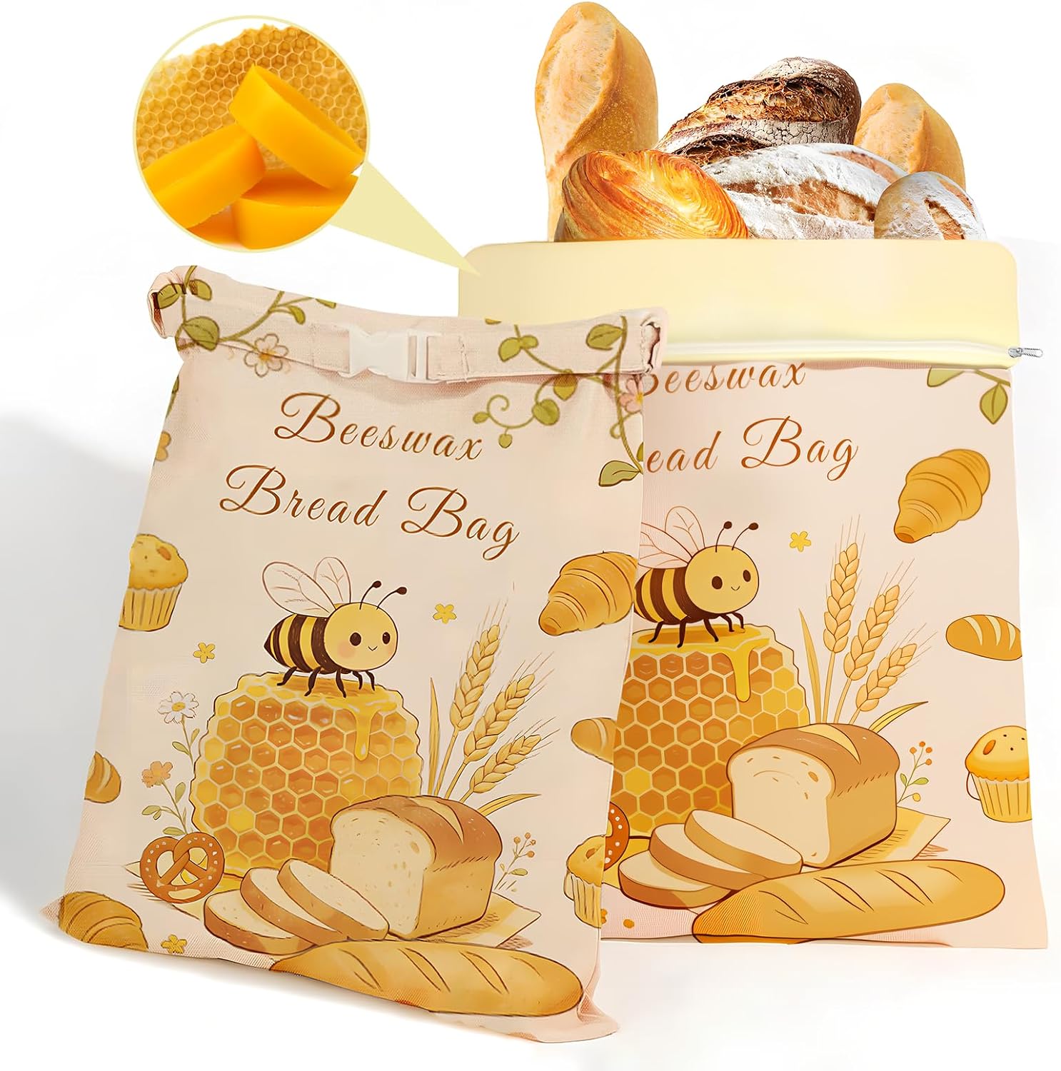 2 Pack Beeswax Bread Bags for Sourdough with Lock Closure & Zipper Seal, 17x13'' Reusable Natural Beeswax Lined Bees Wax Bread Storage Bag for Homemade Bread, Freezer Friendly & Freshness Preservation