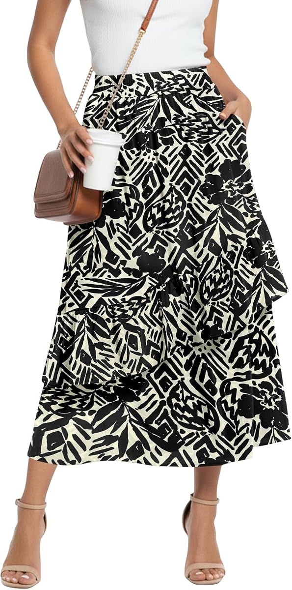 KUOTAI Womens Maxi Skirt with Pockets High Waisted Elastic Waist Flowy A Line Long Skirt Casual Summer Beach Skirt
