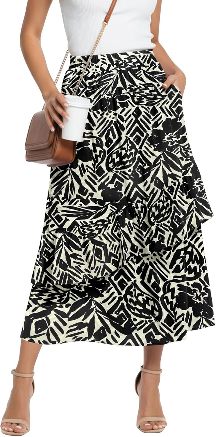 KUOTAI High Waisted Ruffle Tiered Midi Skirts for Women Boho Flowy A Line Summer Beach Long Maxi Skirt with Pockets
