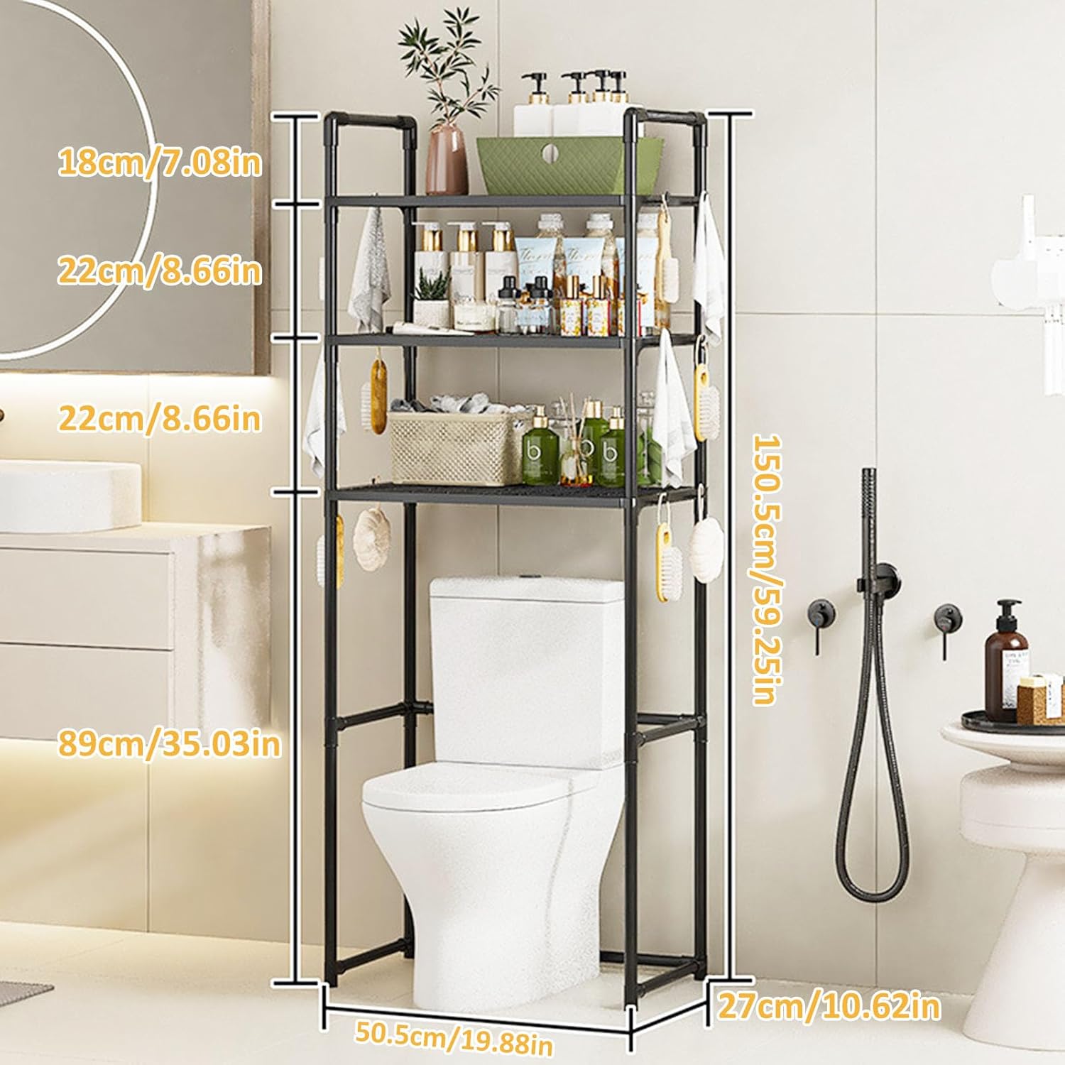 Over The Toilet Storage, 3-Tier Bathroom Organizers and Storage Space Saver Over Toilet Bathroom Organizer with 12 Hooks for Over Toilet Storage Shelf Bathroom Shelves