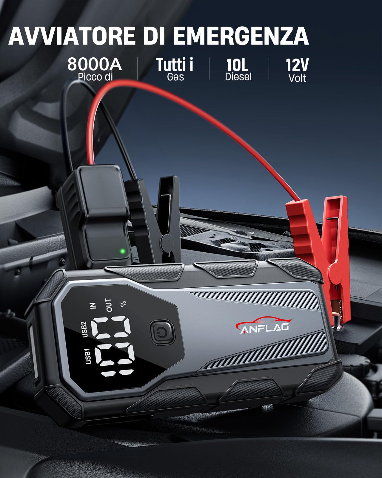 Avviatore Batteria, Avviatore Emergenza per Auto (Fino a all Gas, 10.0L Diesel),12V Starter Auto Portatile con Torcia a LED,Uscita USB Rapida, 2.7" LCD Display