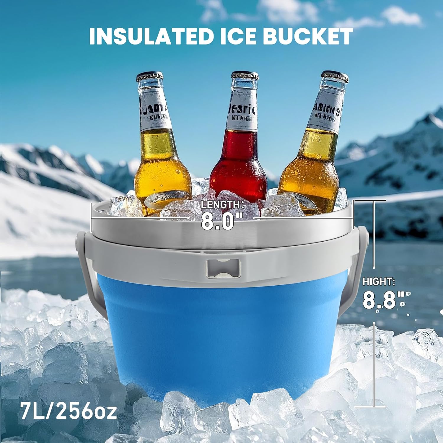 COKTIK 7L Insulated Ice Bucket with Lid，Double Wall Vacuum Stainless Steel Beverage Bucket Keeps Frozen Longer，Holds 6 Longnecks or 3 Bottles of Wine，for Cocktail, Champagne, Large Parties(Blue)