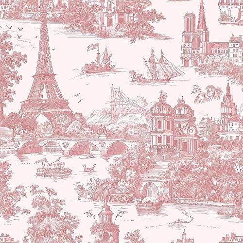 Pink Vintage City Landscape Tower French Buidling Voyage Peel and Stick Wallpaper Contact Paper Vintage Vinyl Stick on Wall Paper for Bedroom Bathroom Kitchen Cabinet Renter Friendly