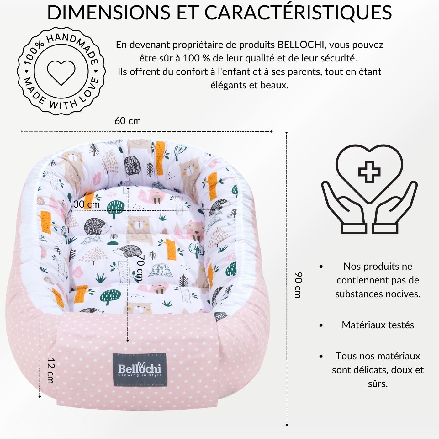 Bellochi Reducteur de Lit Bebe Cale Bebe pour Lit Cocon Bebe - 100% Coton 0-12 Mois - Nid de Bebe Baby Nest - 90x60 cm - Forêt