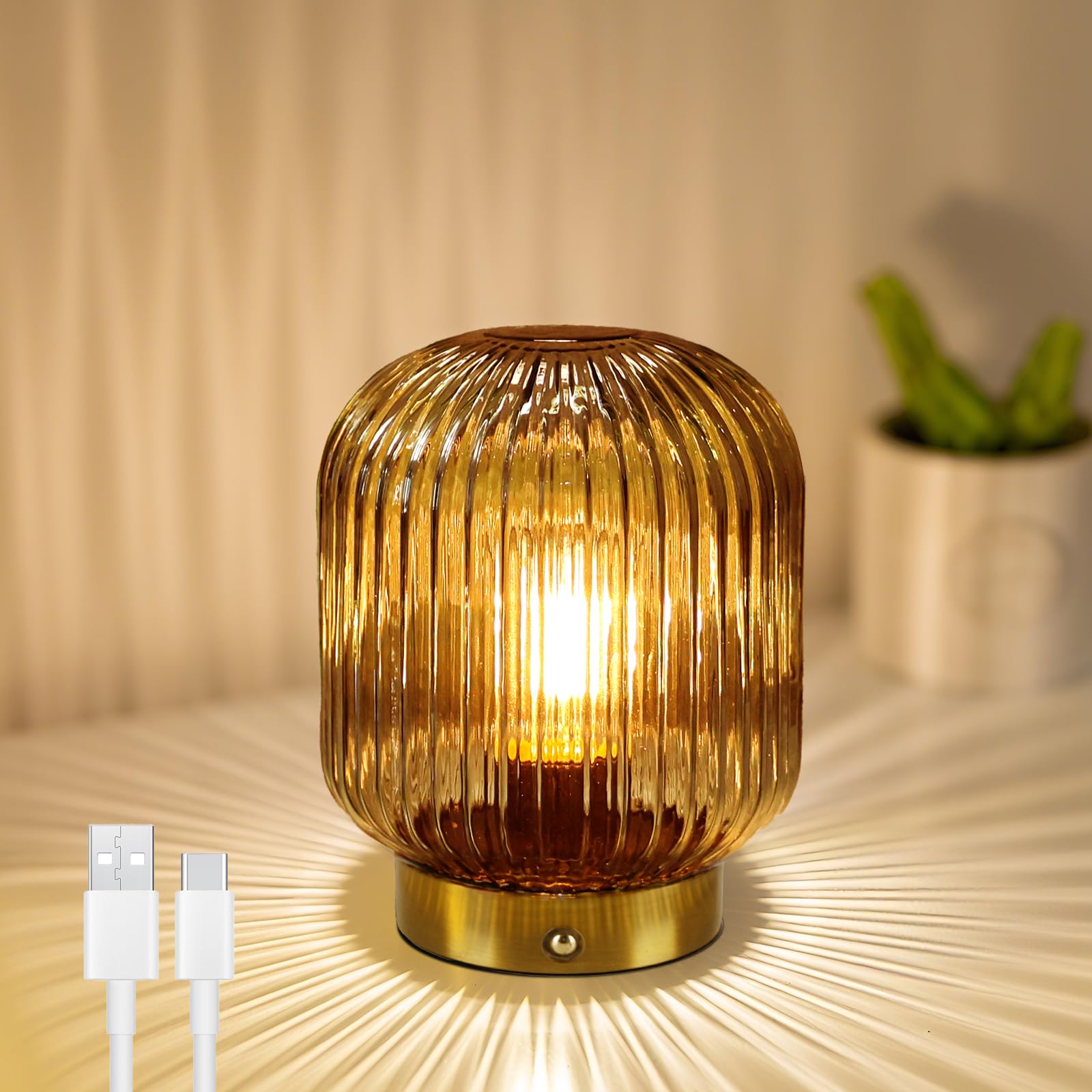MJ PREMIER LED Tischleuchte Kabellose Gelb, Typ-C Wiederaufladbare Glas Lampe, Touch Dimmbar mit Helligkeitsspeicher, Tragbare Notlampe für Schlafzimmer Wohnzimmer, Modernes Dekorationsgeschenk