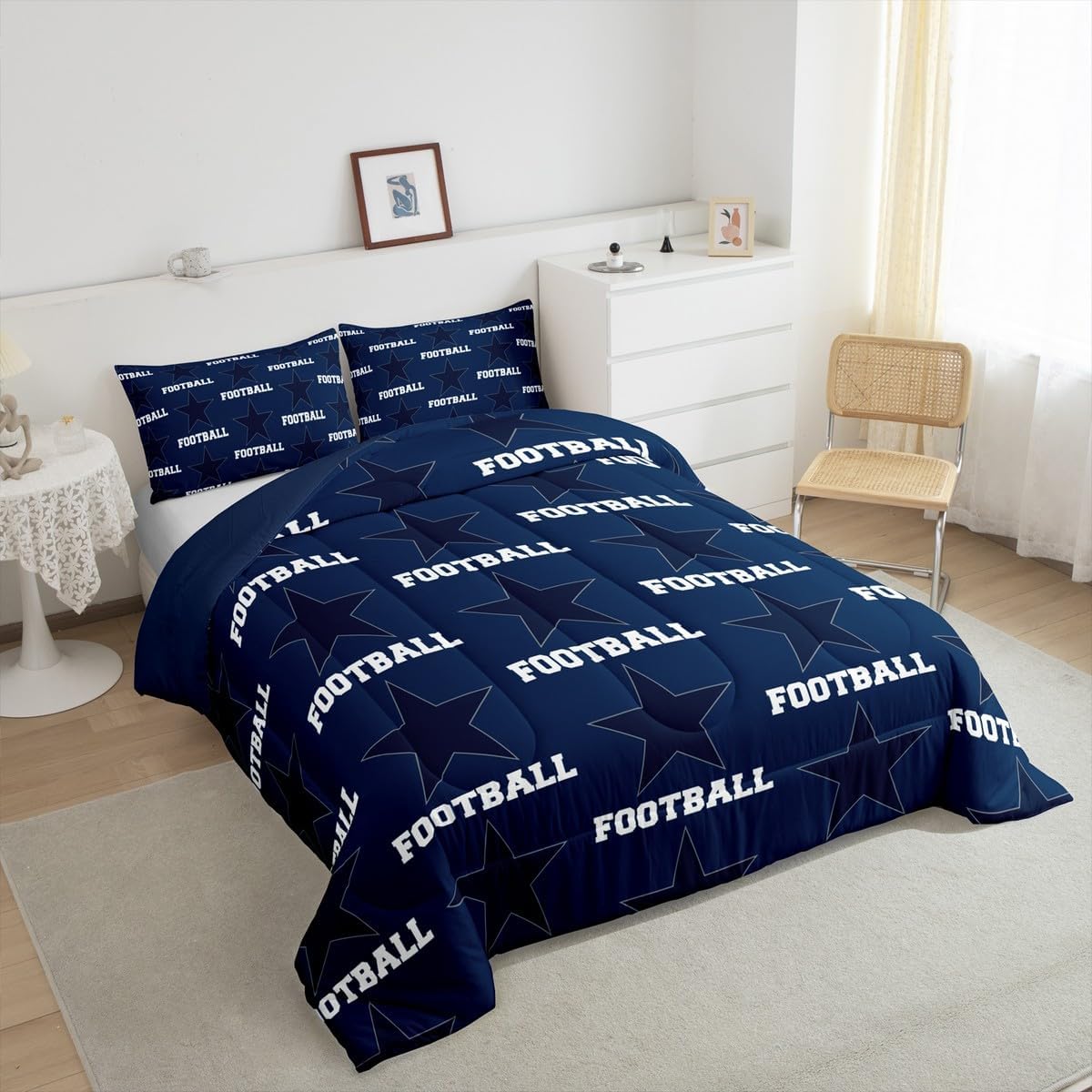 Texas Star Football Comforter Set King Size,American Football Sports Games Bedding Set,Boys Men Room Decor,Cowboy Rugby Competition Down Comforter,Dark Blue Fashion Duvet Insert,2 Pillowcases