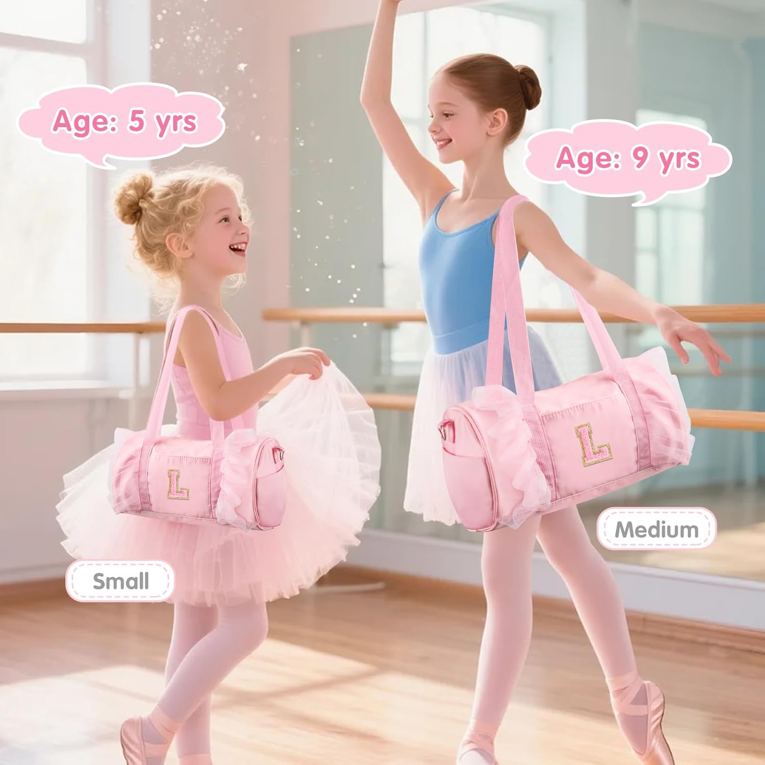 Personalized Initial Dance Bag for Girls 4-6, Small Lace Gym Sport Yoga Cheer Dance Bags Gift for Teen Girls, Cute Letter Kids Ballet Bag Toddler Travel Duffel Tote with Adjustable Straps(Pink-L) - Image 3