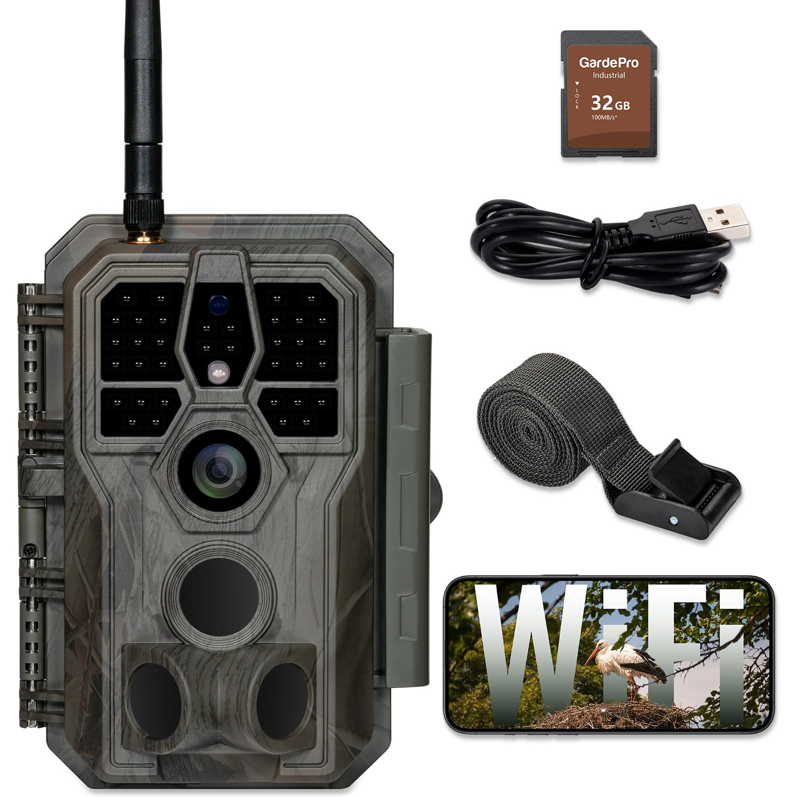 GardePro E8 kamera leśna WLAN z kartą SD o pojemności 32 GB, 64MP H.264 1296P wideo, 27m podczerwień widoczność w nocy czujnik ruchu kamera do obserwacji dzikich zwierząt WiFi transmisja na telefon