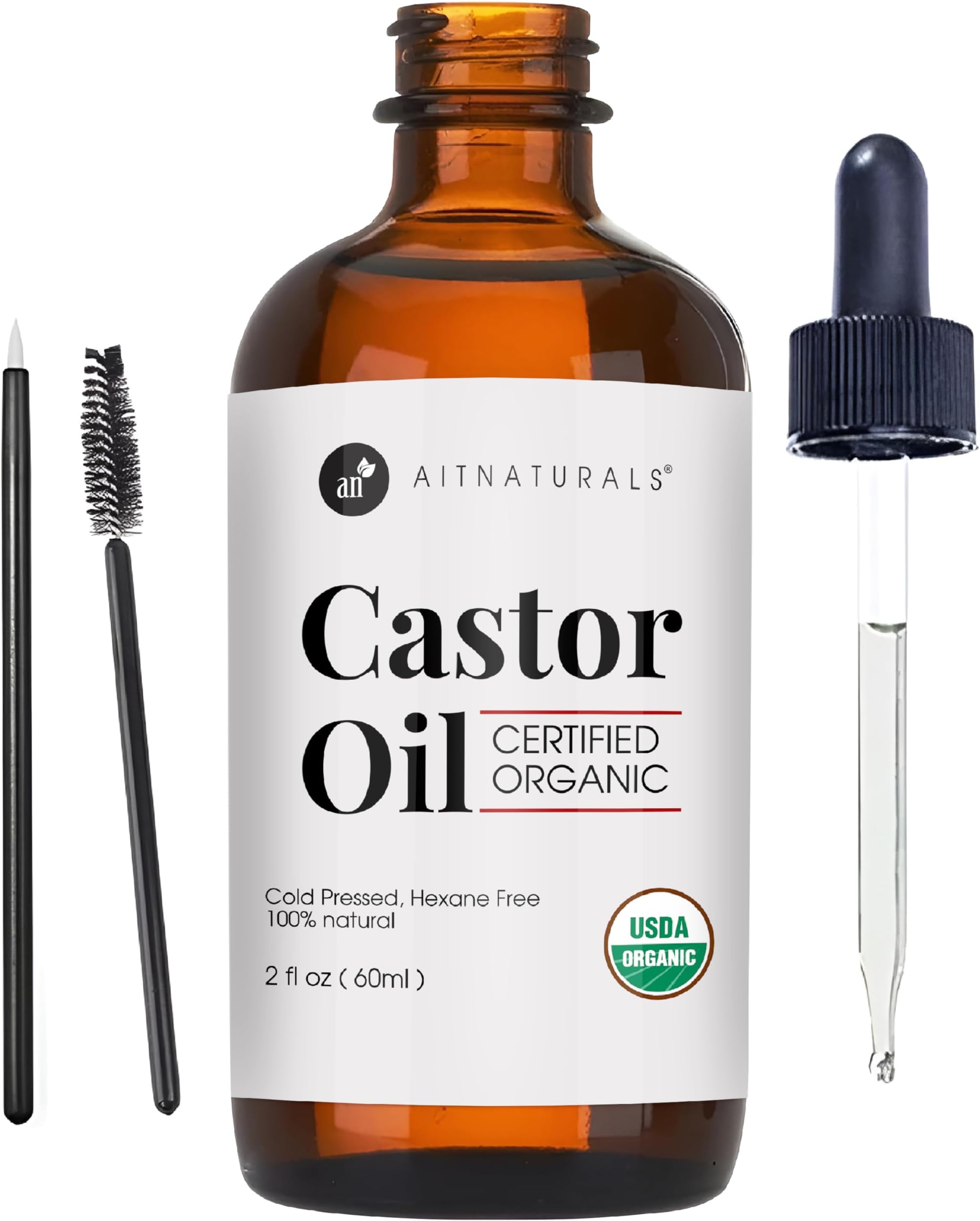 Aitnaturals Organic Castor Oil - 60ml Eyelash & Eyebrow Growth Serum |100% Pure, Cold Pressed & Hexane-Free| Nourishing Hair, Skin & Nail Treatment | Promotes Hair Growth & Conditions