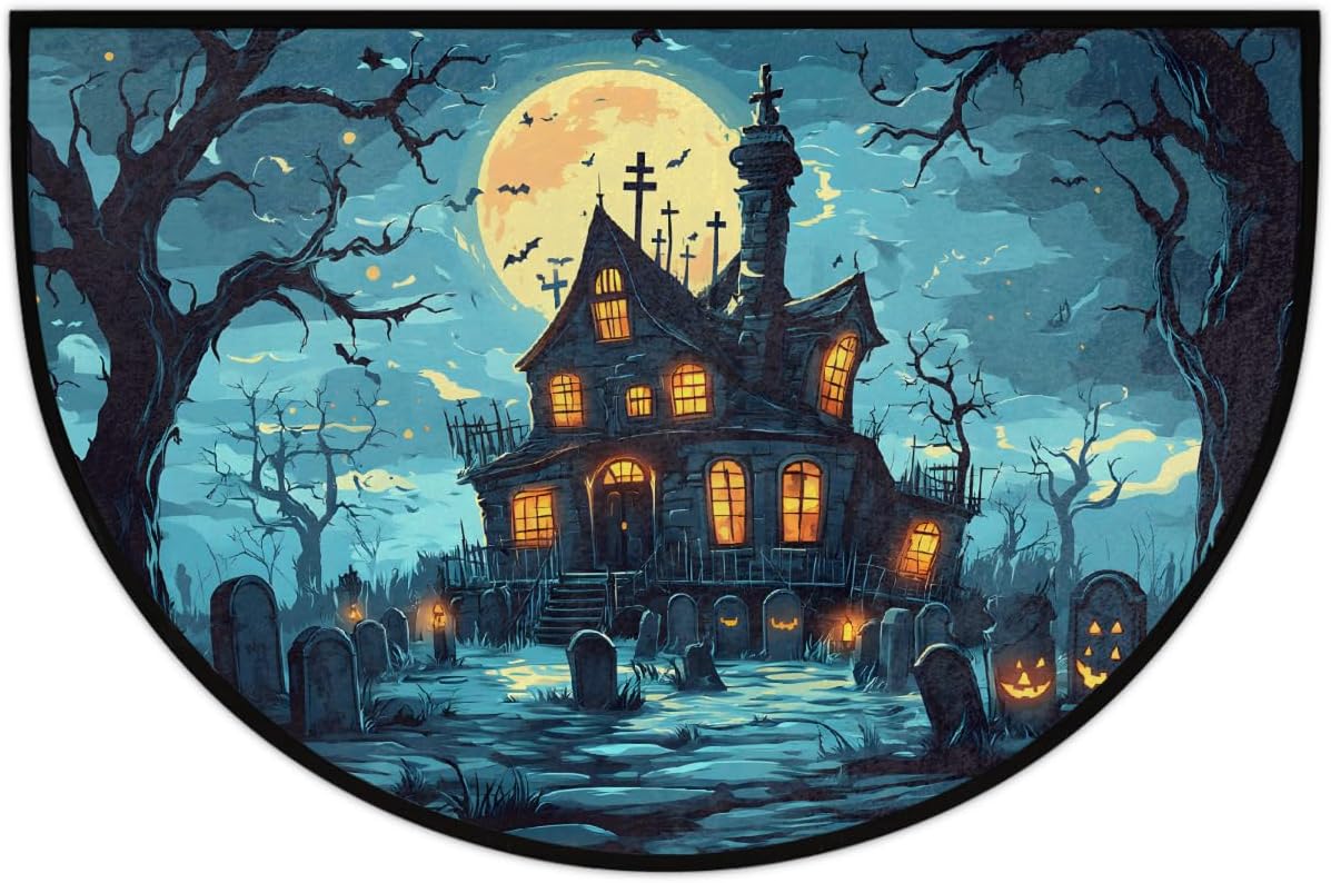 Half Round Door Mat Halloween Castle Moon Scary Half Moon Rug Washable Half Circle Area Rugs Indoor Entrance Non Slip Semi Circle Bathroom Rugs Floor Carpet for Kithen Bedroom Decorate Gift
