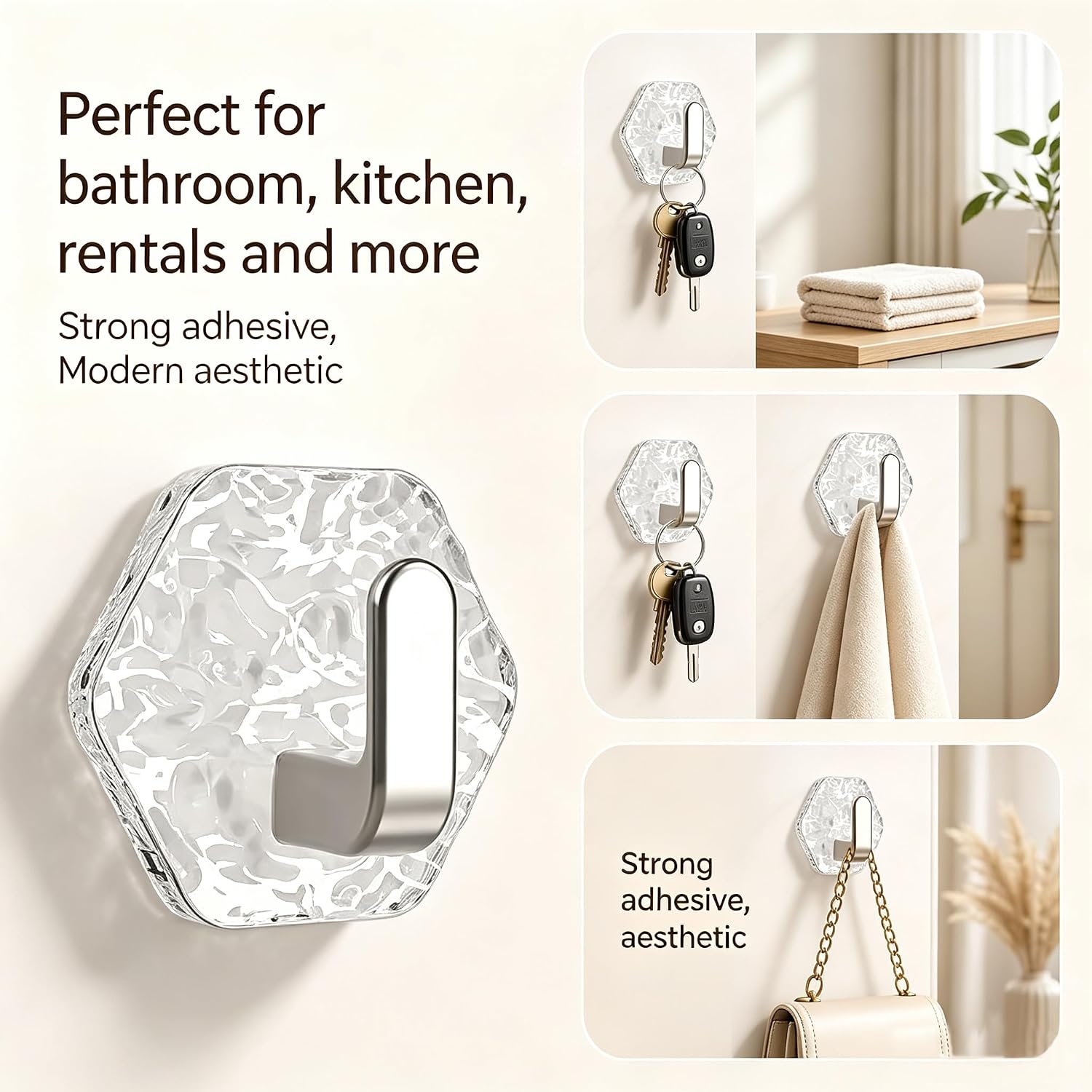 10PCS Self Adhesive Hooks Heavy Duty, No Drill Wall Hooks Water Ripple Hexagonal, Shower Towel Hooks with Adhesive for Hanging, Damage-Free Wall Hook for Kitchen, Door, Bathrooms(Silver) image 3