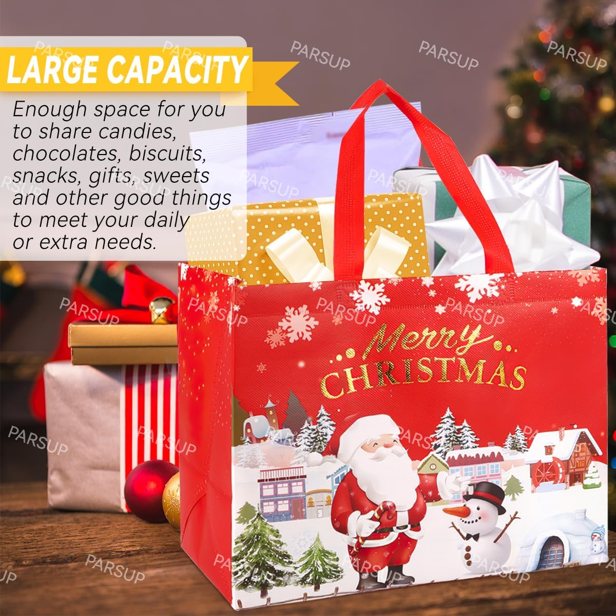 PARSUP 16PCS Christmas Gift Bags, Bronzing Non-WovenTote Treat Christmas Bags with Handles for Gifts Wrapping Shopping, Xmas Party Supplies, 12.8 × 9.8 × 6.7" - Image 4