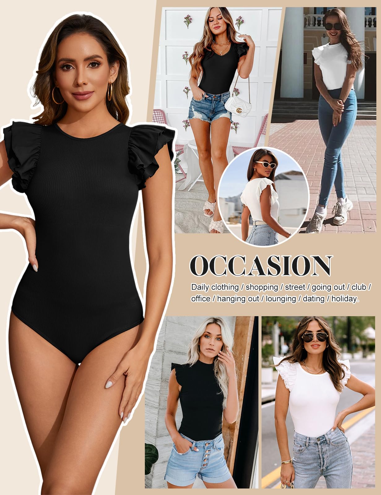 Tuopuda Body Donna Elegante Maniche Volant Contenitivo Modellante Shapewear Bodysuit Girocollo Intimo Snellente Shaper Shaping Tops Dimagrante