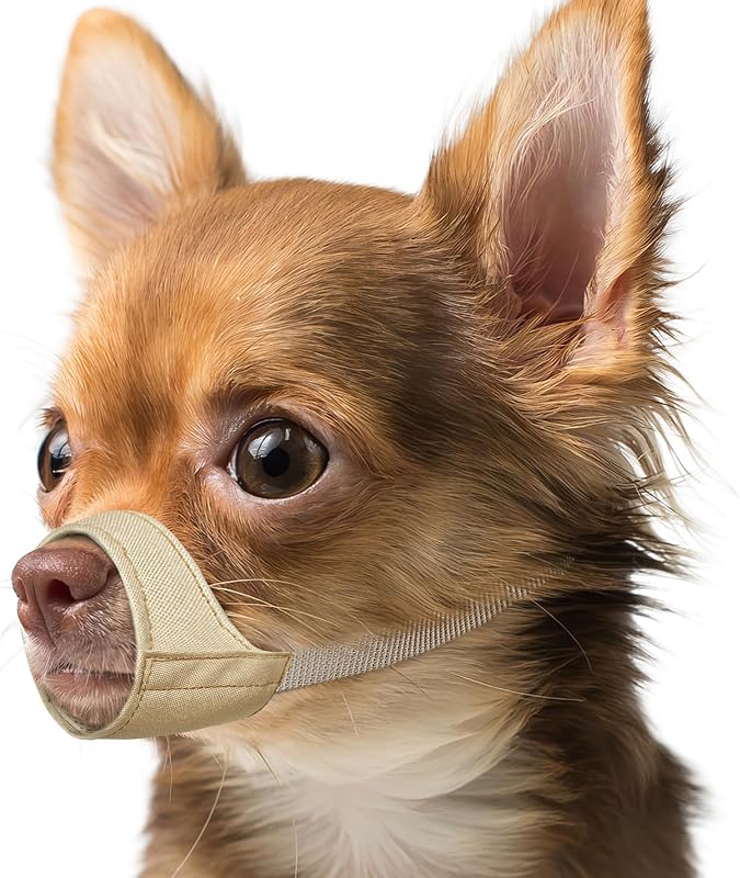 Fabric Dog Muzzle for Short Snout Small Dogs Chihuahuas Anti-Bite | Fits Shih Tzu Pomeranian Yorkshire Brachycephalic Dog, Grooming Vet Visits Walking Use, Prevent Chewing, Soft | Khaki, XXS