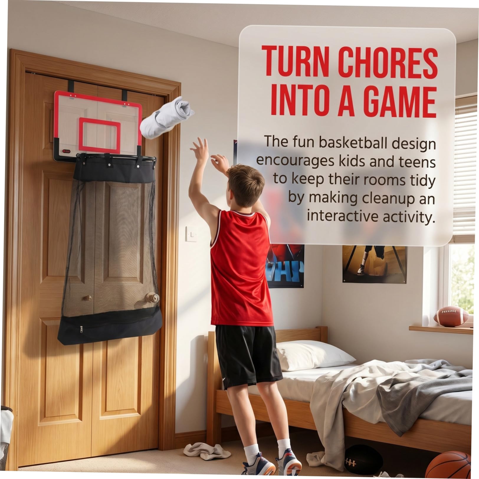 OSALADI Basketball Wäschekorb mit Türhaken und Reißverschluss, Rot, 106 Cm