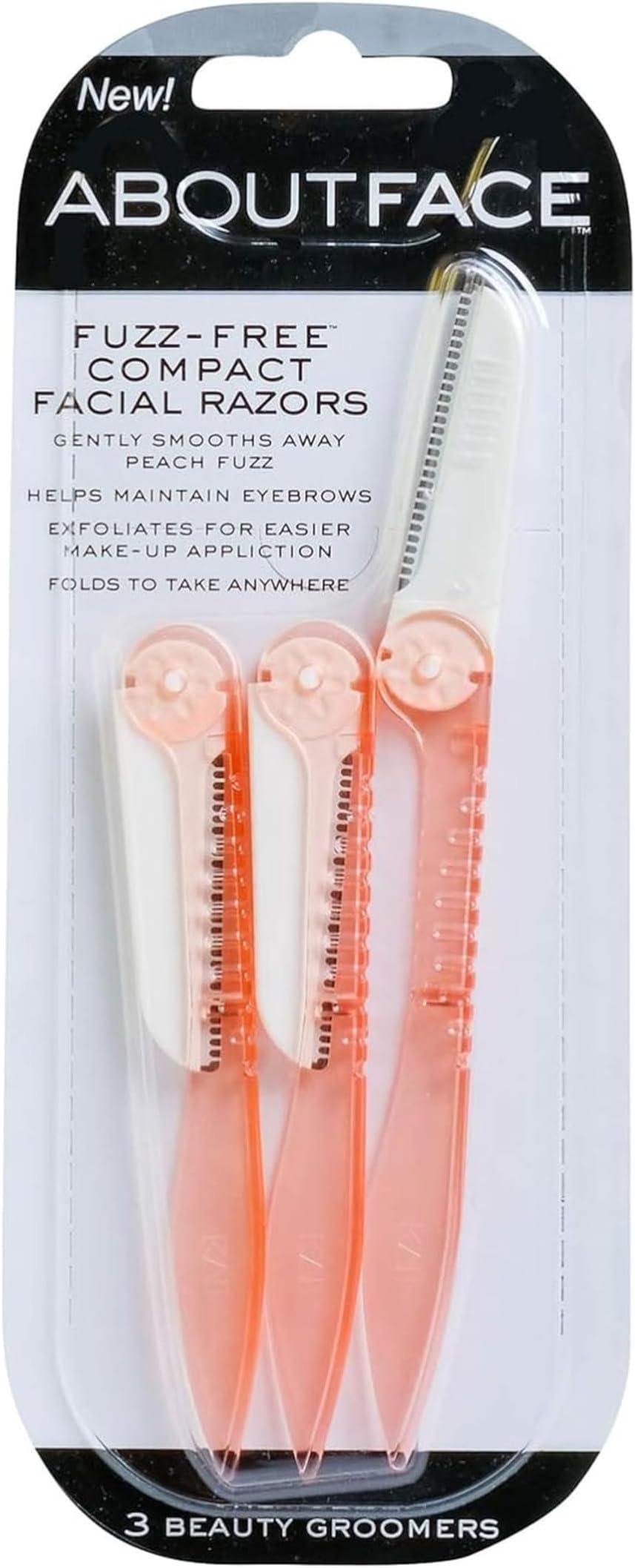About Beauty Fuzz-Free Fold-n-Go Groomers - 3 Folding Beauty Groomers for Hair Removal, Ideal for Shaving, Exfoliating, and Brow Shaping, Japanese Steel Gently Removes Facial Hair