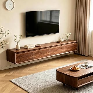 Minimalist Floating TV Stand, Modern Wall-Mounted Media Console with Storage-Walnut Wood color-160cm