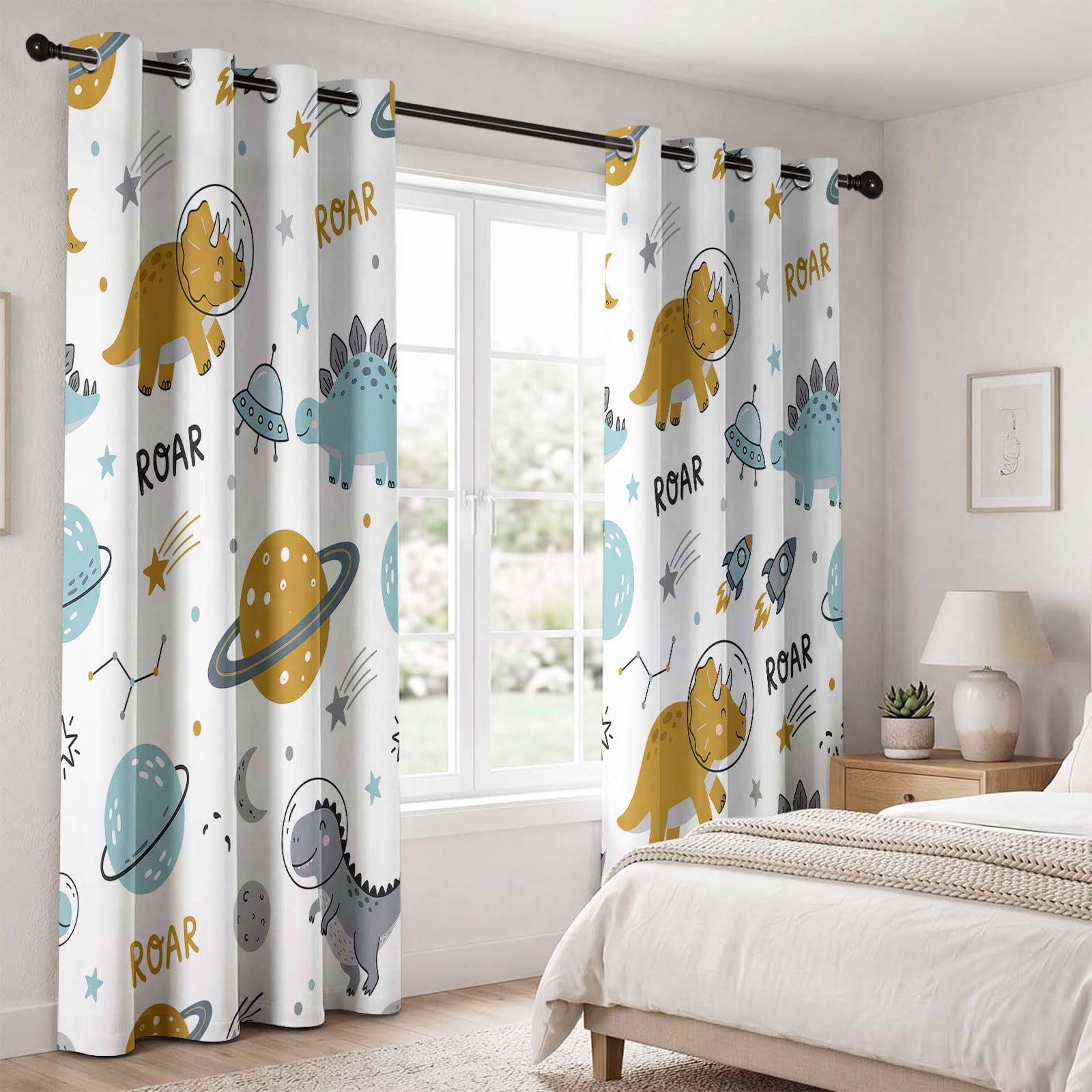 Animé Animal Rideaux Occultants Thermique Isolant 110L X 215H cm (2 Panneaux), Enfant Rideau Occultant Opaque à Oeillets Scandinave Astronaute Dinosaure Motif pour Chambre d'enfant et Salon, Blanc