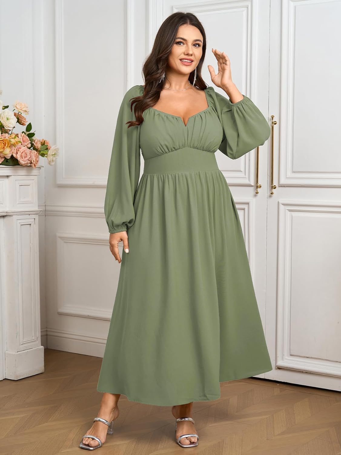 SCOMCHIC Women Plus Size Formal Dresses Long Sleeve Square Neck Wedding Guest Cocktail Split A-Line Maxi Long Dress - Image 5