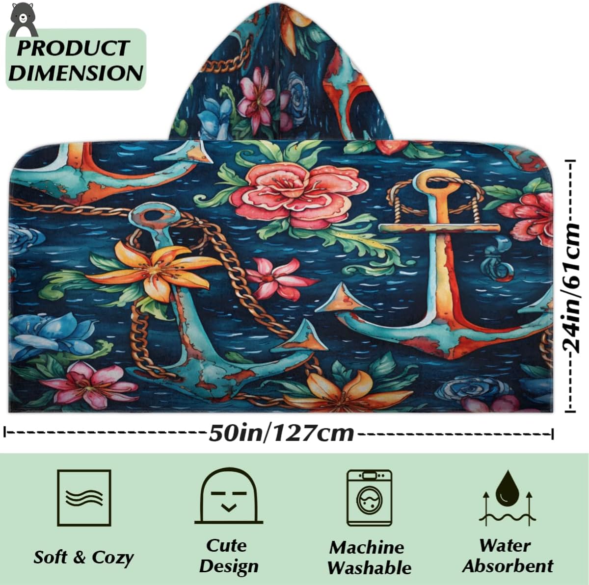 Pardick Kids Bath Towel Ship Tools Florals Beach Towel with Hood Pool Cover Up for Girls Boys Soft Absorbent Hooded Bath Towel Toddler Towels for Beach, Pool