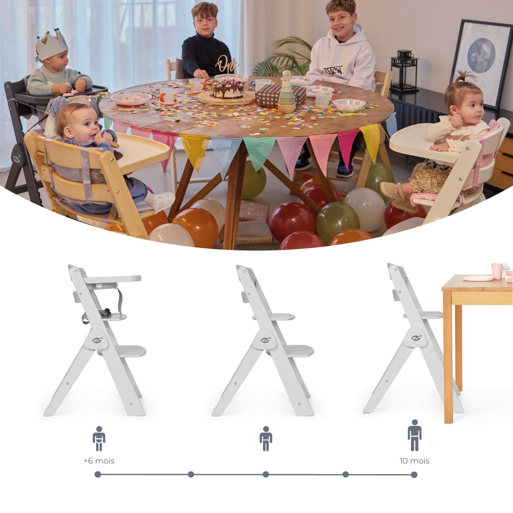 Ms BabyWorld - Chaise Haute Full PLIANTE en bois | Évolutive | Réglable en hauteur | Repose-pieds | Plateau Amovible | Convertible et Sécurisée | Harnais à 5 Points | Style Nordique