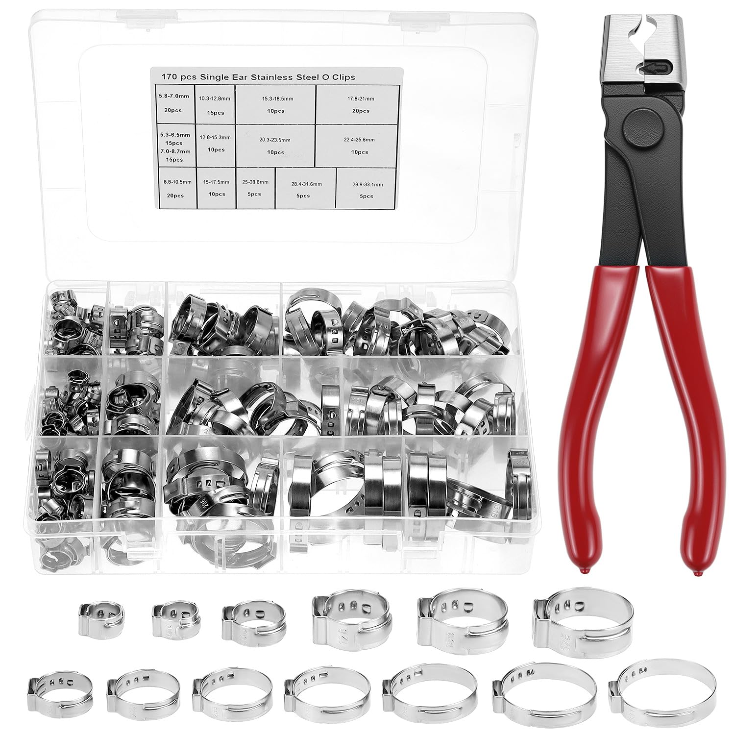 QWORK® 170PCS Einohr-Schlauchschellen Set, 304 Edelstahl 14 Größen 5.3-33.1 mm Klemmschellen Schläuche mit Schlauchklemmzange