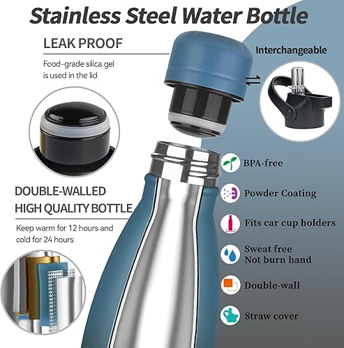 Miniatura 4 de Botella de agua aislada, paquete de 2 botellas de agua de acero inoxidable de 12 onzas con tapa con pajilla, botellas de agua deportivas de metal