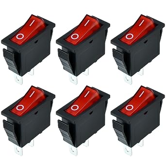 2 Pin 2 Position Boat Shaped Rocker Switch, Red 6 Pack