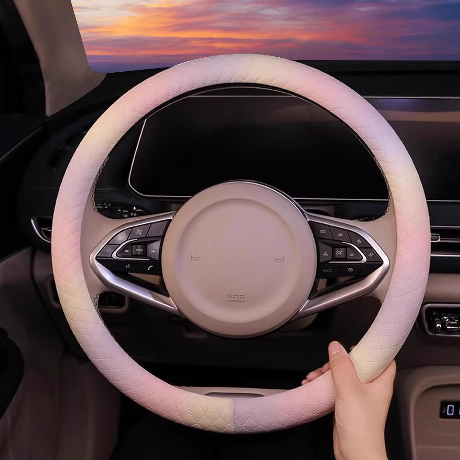Leather Steering Wheel Cover, Colorful Cute Pink Purple Steering Wheel Cover Non-Slip Breathable Fabric Absorbing Sweat Universal Car Accessories for Women 14.5–15 inch Pink-Purple