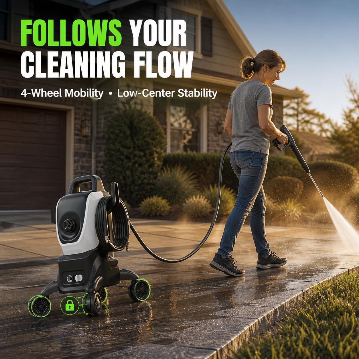 Pressure Washer, 3800 Max PSI, 2.4 GPM, 4-Wheel Mobility, Foam Cannon
