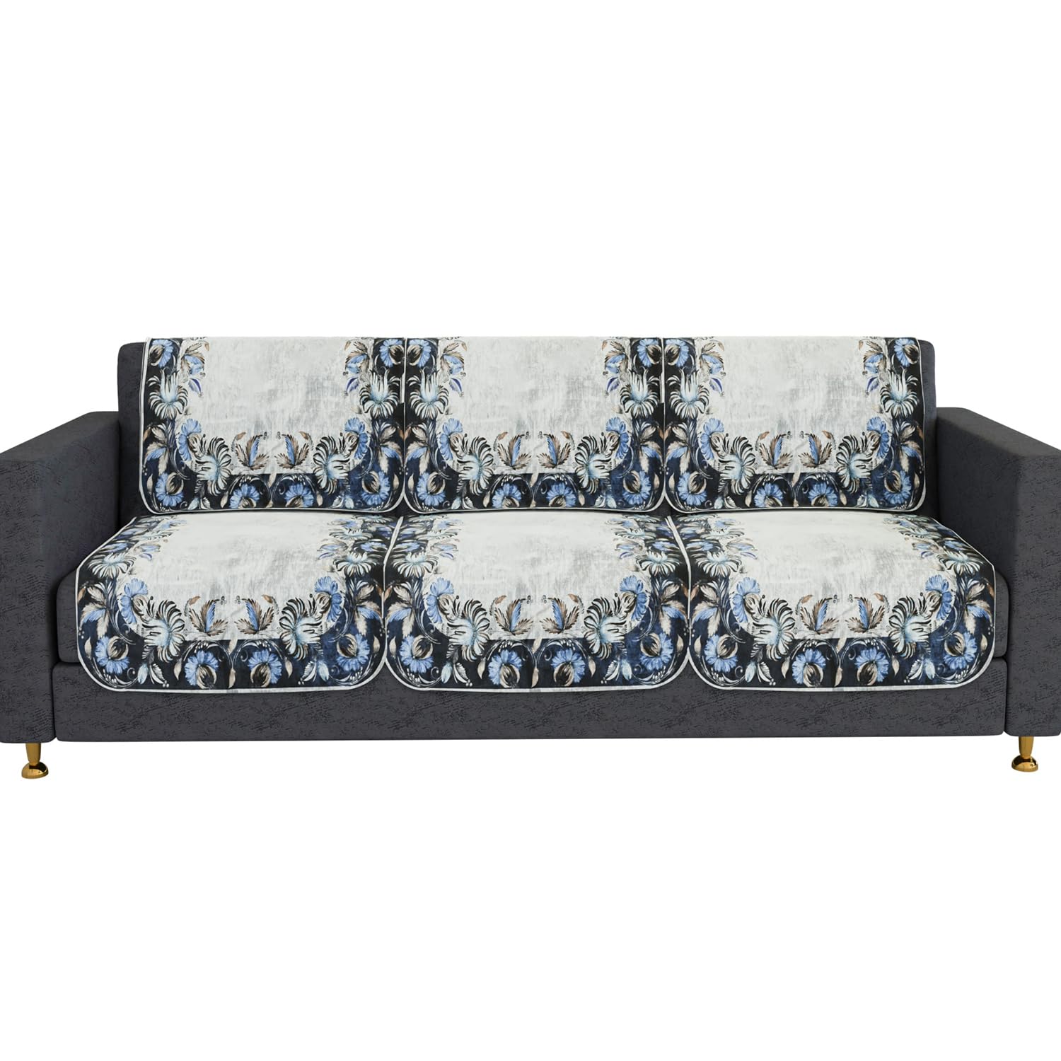 Kuber Industries Sofa Cover | Velvet 3 Seater Sofa Slip Cover Set | Blue Digital Flower Sofa Cover | Sofa Slipcover Set | Sofa Cover for Living Room | Gray