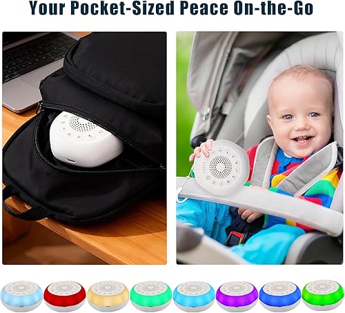 Miniatura 6 de Syaws Máquina de sonido portátil, máquina de ruido blanco con 27 sonidos relajantes, luz nocturna de 7 colores con lámpara de guardería, diseño de
