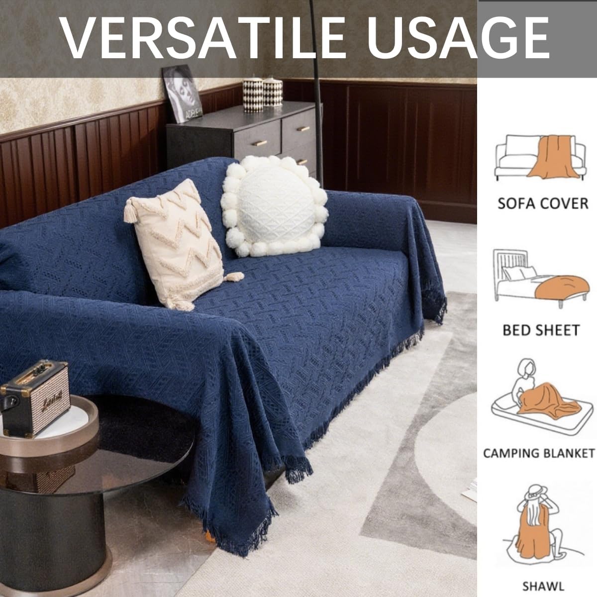 Sofa Cover for 3 Cushion Couch, Sectional Couch Cover Washable, Geometrical Jacquard Futon Couch Covers Protector for Dog, Decorative Sofa Covers with Tassels, 71"x102", Navy Blue