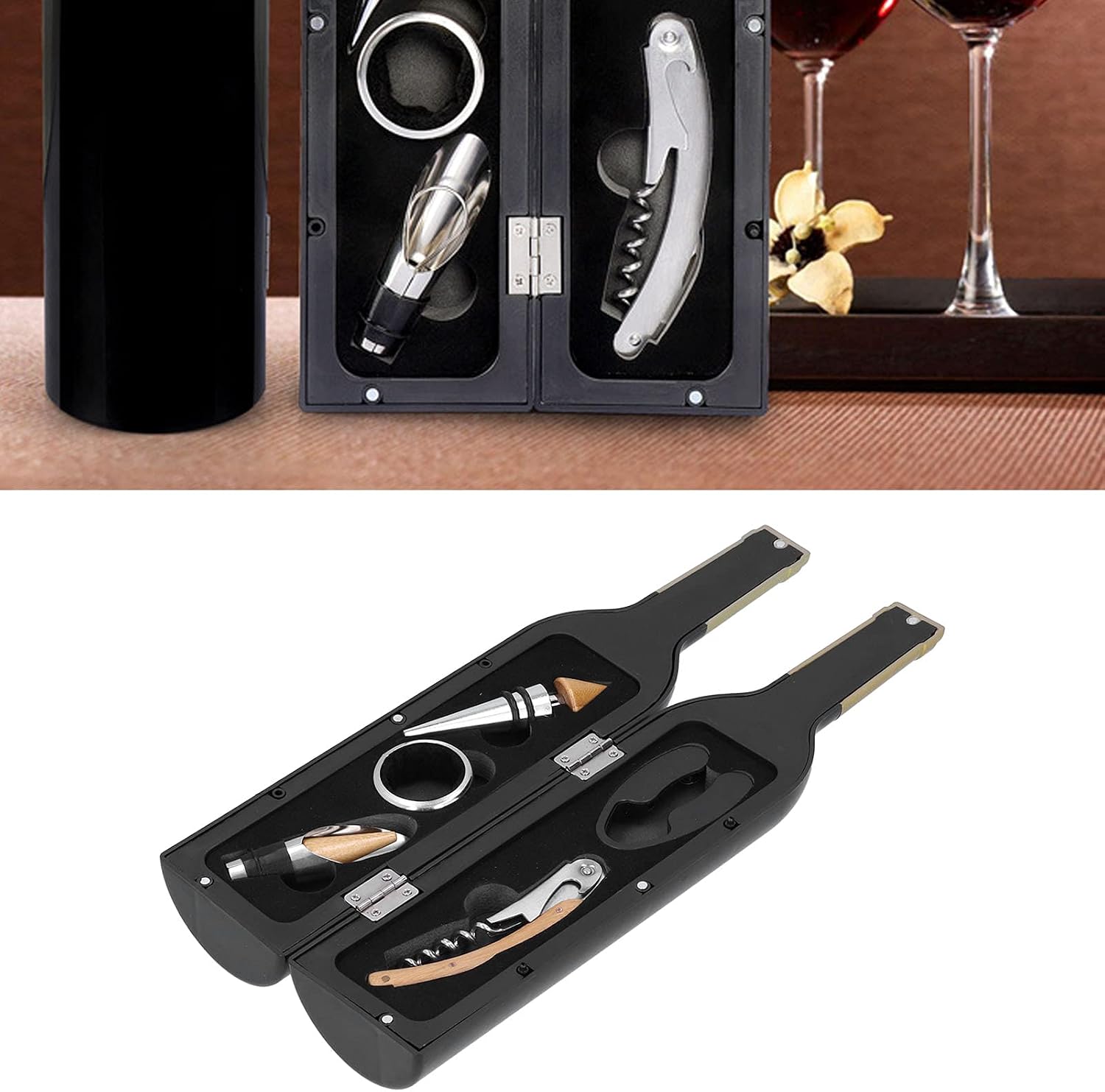 Wine Corkscrew Pourer Stopper Drip Ring Foil Cutter Set, Bottle Opener Corkscrew Wine Pourer, Complete Wine Bottle Accessory Kit with Storage Box, Stainless Steel ABS Black Gold fo