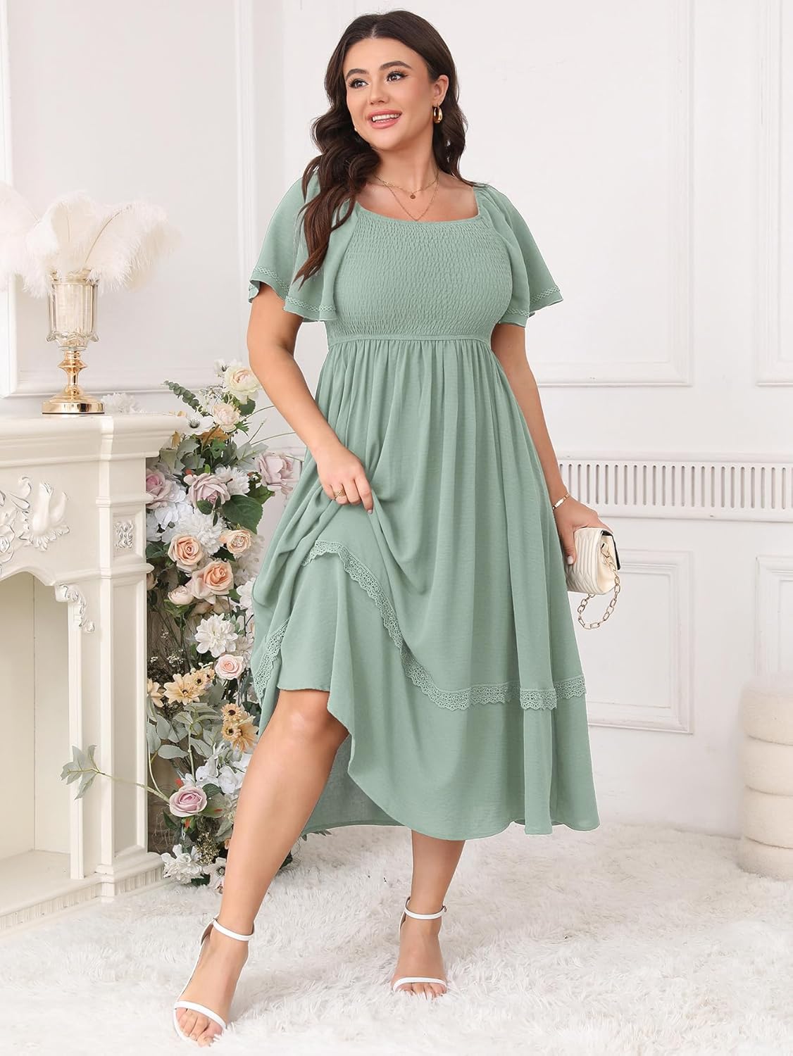 Plus Size Maxi Dresses for Curvy Women Short Sleeve Square Neck Smocked Flowy Formal Wedding Guest Dress Lace Trim - Image 3