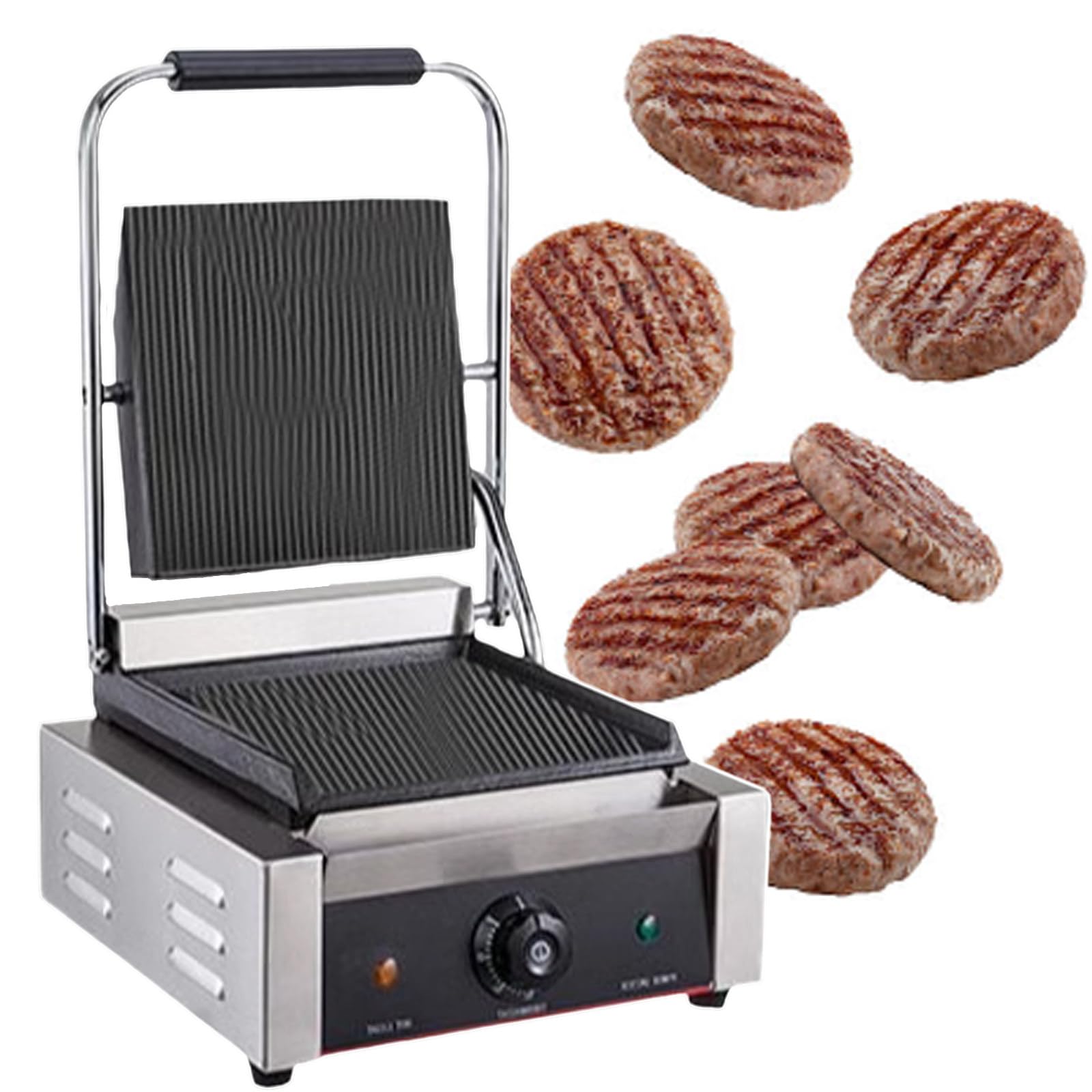 SENJINGHUA 1800W Commercial Panini Press, Thickened Stainless Steel Beef Maker, 9.4"X9" Heating Area, Double-Sided Heating, for Steaks, Bacons,220V