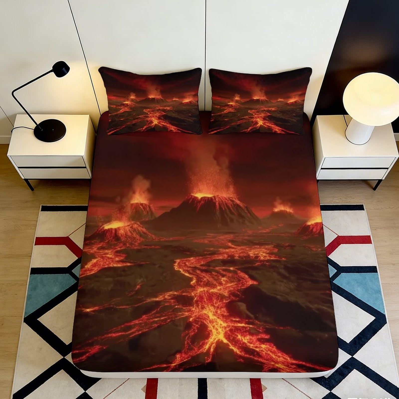 3D Printed Volcano Lava Fitted Sheet Microfiber Anti-Slip Mattress Cover for Bedroom Dorm Decorative Bed Protection 90x200x25cm