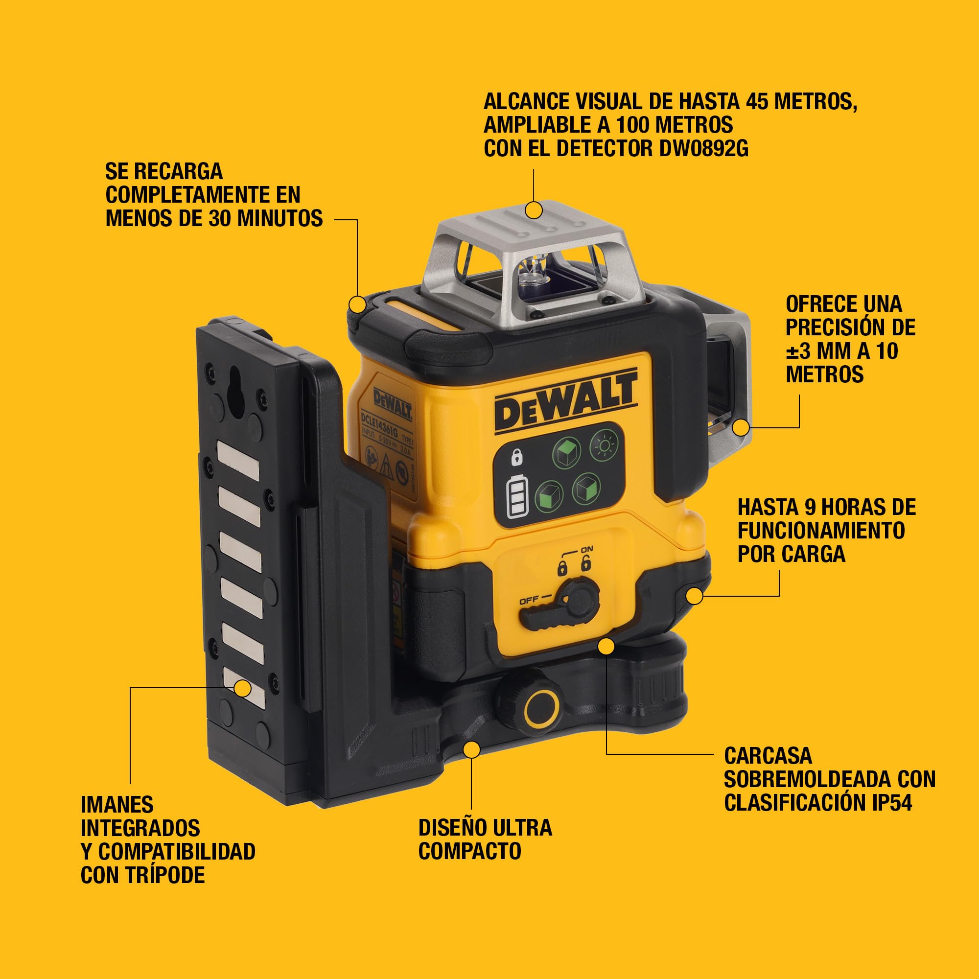 DEWALT, Láser de línea verde 3x360° recargable por USB en estuche, DCLE14361GB-XJ